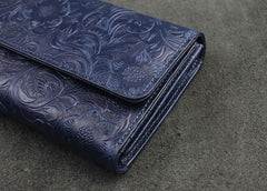 Handmade Leather Floral Mens Cool Travel Long Wallet Card Holder Card Trifold Clutch Wallets for Men - imessengerbags