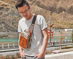 Cool Gray Canvas Leather Mens Sling Bag Chest Bag One Shoulder Pack for men - imessengerbags