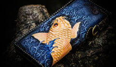 Handmade Leather Men Tooled Carp Cool Leather Wallet Long Phone Wallets for Men - imessengerbags