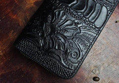 Handmade Leather Floral Mens Cool Zipper Phone Travel Long Wallet Card Holder Card Slim Clutch Wallets for Men - imessengerbags