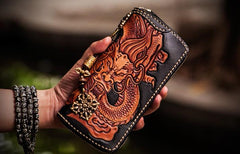 Handmade Leather Tooled Chinese Dragon Mens Chain Biker Wallet Cool Leather Wallet Zipper Long Phone Wallets for Men - imessengerbags
