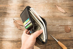 Black Cool Leather Mens Small Wallet Trifold Vintage billfold Wallet for Men - imessengerbags