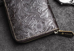 Handmade Leather Floral Mens Cool Travel Long Wallet Card Holder Card Slim Clutch Wallets for Men - imessengerbags
