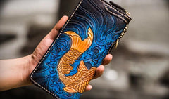 Handmade Leather Men Tooled Carp Cool Leather Wallet Long Phone Wallets for Men - imessengerbags