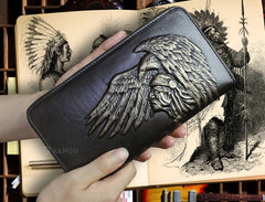 Handmade Leather Mens Tooled Indian Cool Zipper Phone Travel Long Wallet Card Holder Card Slim Clutch Wallets for Men - imessengerbags
