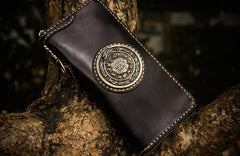 Handmade Leather Tibetan Mens Chain Biker Wallet Cool Leather Wallet Long Clutch Wallets for Men