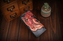 Handmade Leather Mens Clutch Wallet Tooled Cool Monster Wallet Long Zipper Wallets for Men
