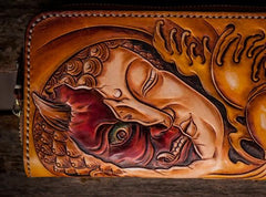 Handmade Leather Mens Clutch Wallet Cool Buddha&Demon Tooled Wallet Long Zipper Wallets for Men - imessengerbags