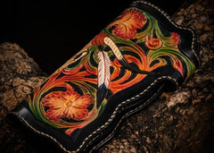 Handmade Leather Black Mens Tooled Skull Chain Biker Wallet Cool Leather Wallet Long Clutch Wallets for Men - imessengerbags