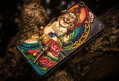 Handmade Leather Tooled Yellow Jambhala Mens Chain Biker Wallet Cool Leather Wallet Zipper Long Phone Wallets for Men - imessengerbags