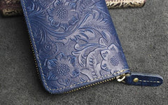 Handmade Leather Floral Mens Cool Travel Long Wallet Card Holder Card Slim Clutch Wallets for Men - imessengerbags