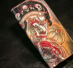 Handmade Leather Tooled Mahākāla Mens Chain Biker Wallet Cool Leather Wallet Long Clutch Wallets for Men - imessengerbags