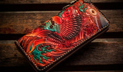 Handmade Leather Tooled Carp Mens Chain Biker Wallet Cool Leather Wallet Long Phone Wallets for Men