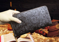 Handmade Leather Floral Mens Cool Travel Long Wallet Card Holder Card Slim Clutch Wallets for Men - imessengerbags