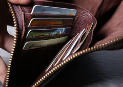 Handmade Genuine Leather Mens Clutch Cool Slim Wallet Zipper Clutch Wristlet Wallet for Men