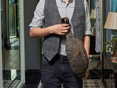 Canvas Leather Mens Fanny Pack Canvas Waist Bag Small Canvas Chest Bag for Men