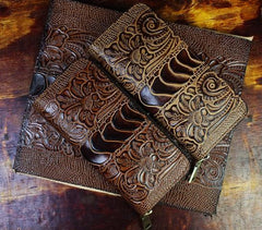 Handmade Leather Mens Tooled Floral Cool Zipper Phone Travel Long Wallet Card Holder Card Slim Clutch Wallets for Men - imessengerbags