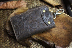 Handmade Leather Floral Mens Cool Key Wallet Wallet Card Holder Small Card Keychain Wallets for Men - imessengerbags