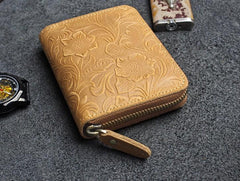 Handmade Leather Floral Mens Zipper Cool billfold Wallet Card Holder Small Card Slim Wallets for Men - imessengerbags