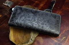 Handmade Leather Floral Mens Cool Travel Long Wallet Card Holder Card Slim Clutch Wallets for Men - imessengerbags
