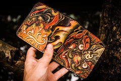 Handmade Leather Chinese Lion Tooled Mens billfold Wallet Cool Leather Wallet Slim Wallet for Men - imessengerbags