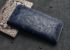 Handmade Leather Floral Mens Cool Travel Long Wallet Card Holder Card Slim Clutch Wallets for Men - imessengerbags