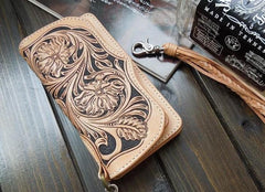 Handmade Leather Biker Wallet Tooled Floral Mens Cool Chain Wallet Trucker Wallet with Chain
