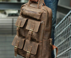 Vintage Coffee Mens Leather Backpacks Travel Backpacks Laptop Backpack for men