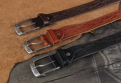 Genuine Leather Punk Rock Biker Tooled Floral Trucker Mens Belt Men Black Coffee Belt for Men - imessengerbags