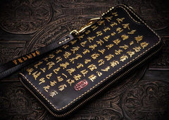 Handmade Leather Mens Chain Chinese Handwriting Biker Wallet Cool Leather Wallet Long Phone Wallets for Men
