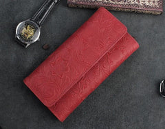 Handmade Leather Floral Mens Cool Travel Long Wallet Card Holder Card Trifold Clutch Wallets for Men - imessengerbags