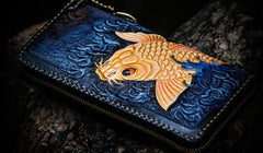 Handmade Leather Men Tooled Carp Cool Leather Wallet Long Phone Wallets for Men - imessengerbags
