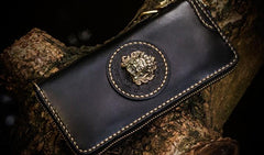 Handmade Leather Mahākāla Mens Chain Biker Wallet Cool Leather Wallet Long Clutch Wallets for Men