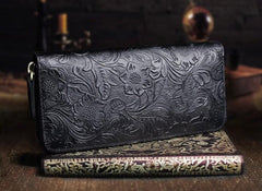 Handmade Leather Floral Mens Cool Travel Long Wallet Card Holder Card Slim Clutch Wallets for Men - imessengerbags