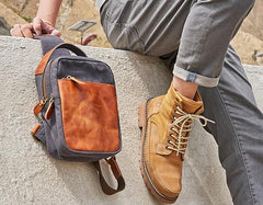 Cool Gray Canvas Leather Mens Sling Bag Chest Bag One Shoulder Pack for men - imessengerbags
