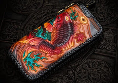 Handmade Leather Tooled Carp Mens Chain Biker Wallet Cool Leather Wallet Long Phone Wallets for Men