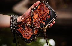 Handmade Leather Tooled Chinese Dragon Mens Chain Biker Wallet Cool Leather Wallet Zipper Long Phone Wallets for Men - imessengerbags