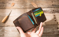 Coffee Cool Leather Mens Small Wallet Bifold Vintage Slim billfold Wallet for Men - imessengerbags