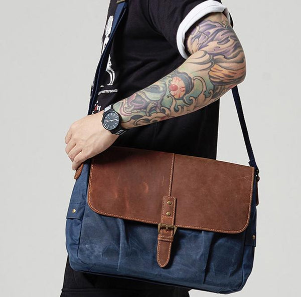 Navy Blue Leather Waxed Canvas Mens Side Bag Messenger Bags Gray Casual Courier Bags for Men