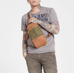 Black Canvas Leather Sling Backpack Men's Sling Bag Chest Bag Canvas One shoulder Backpack For Men