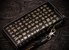 Handmade Leather Mens Chain Chinese Handwriting Biker Wallet Cool Leather Wallet Long Phone Wallets for Men