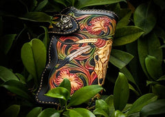 Handmade Leather Black Mens Tooled Skull Chain Biker Wallet Cool Leather Wallet Long Clutch Wallets for Men - imessengerbags