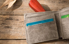 Cool Leather Mens Gray Small Wallet Bifold Vintage Slim billfold Wallet for Men - imessengerbags