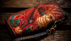Handmade Leather Tooled Carp Mens Chain Biker Wallet Cool Leather Wallet Long Phone Wallets for Men