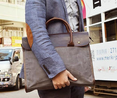 Mens Gray Canvas Leather Briefcase Handbag Work Bag Business Bag for Men