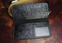 Handmade Leather Floral Mens Cool Travel Long Wallet Card Holder Card Slim Clutch Wallets for Men - imessengerbags