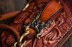 Handmade Leather Tooled Ganesh Mens Chain Biker Wallet Cool Leather Wallet Zipper Long Phone Wallets for Men