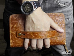 Handmade Leather Floral Tooled Mens Clutch Cool Slim Wallet Zipper Clutch Wristlet Wallet for Men