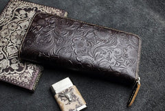 Handmade Leather Floral Mens Cool Travel Long Wallet Card Holder Card Slim Clutch Wallets for Men - imessengerbags