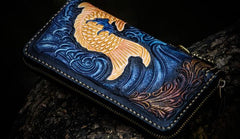 Handmade Leather Men Tooled Carp Cool Leather Wallet Long Phone Wallets for Men - imessengerbags
